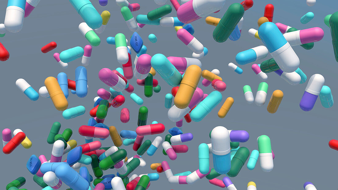 Multicoloured drug capsules, illustration