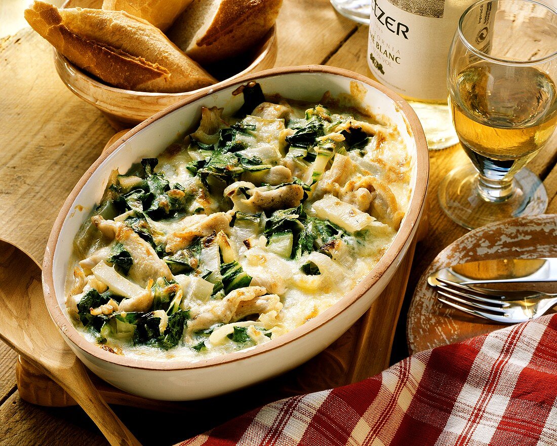 French chard gratin with chicken strips and cheese