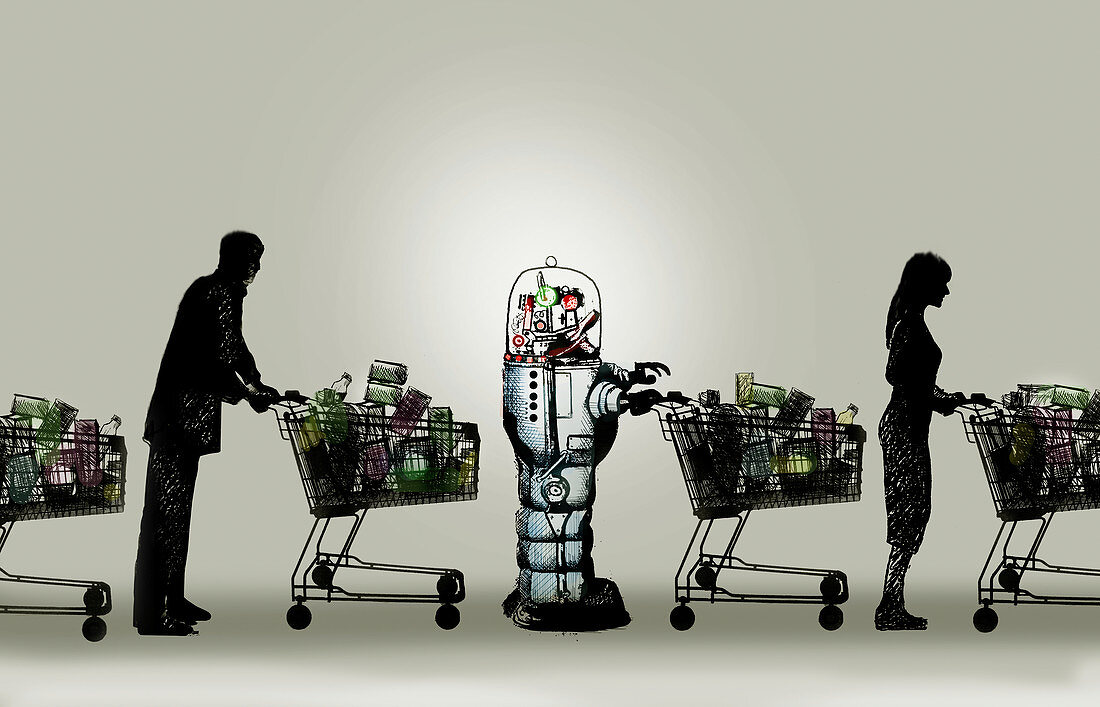 Robot in supermarket queue,illustration