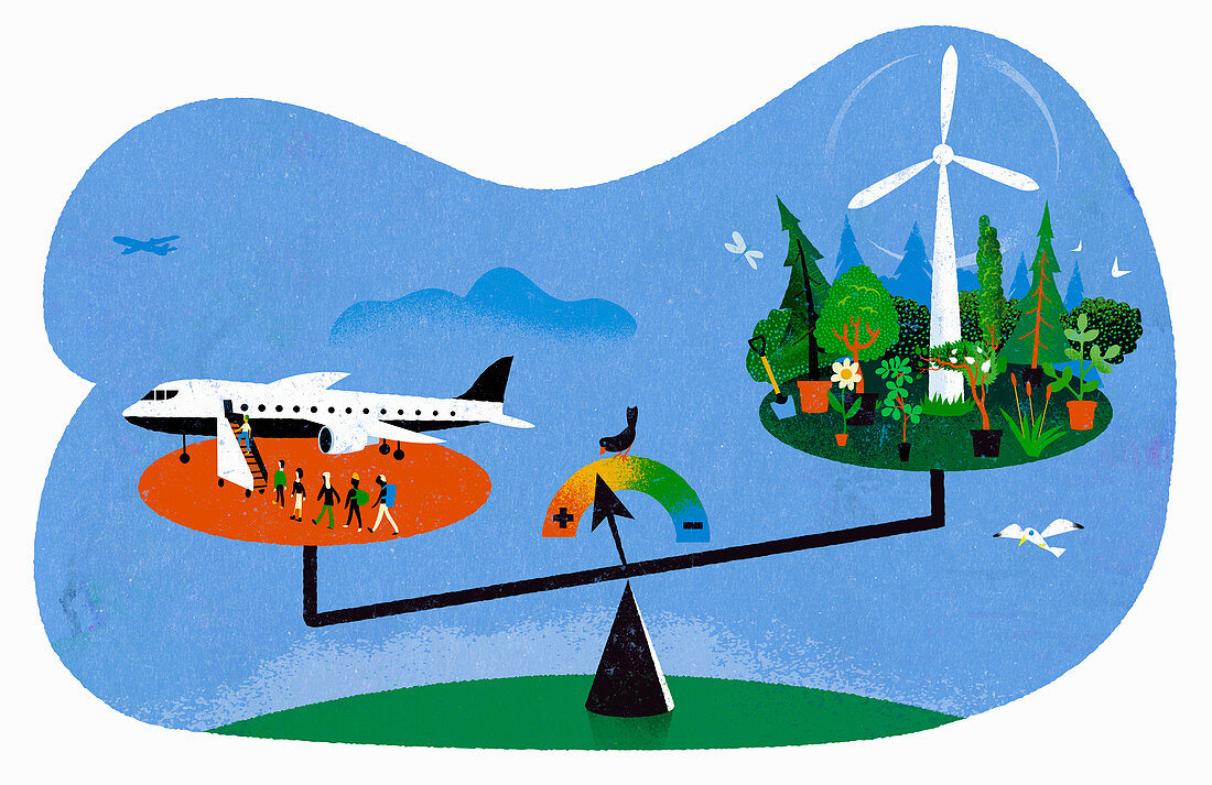 Air travel versus the environment,conceptual illustration