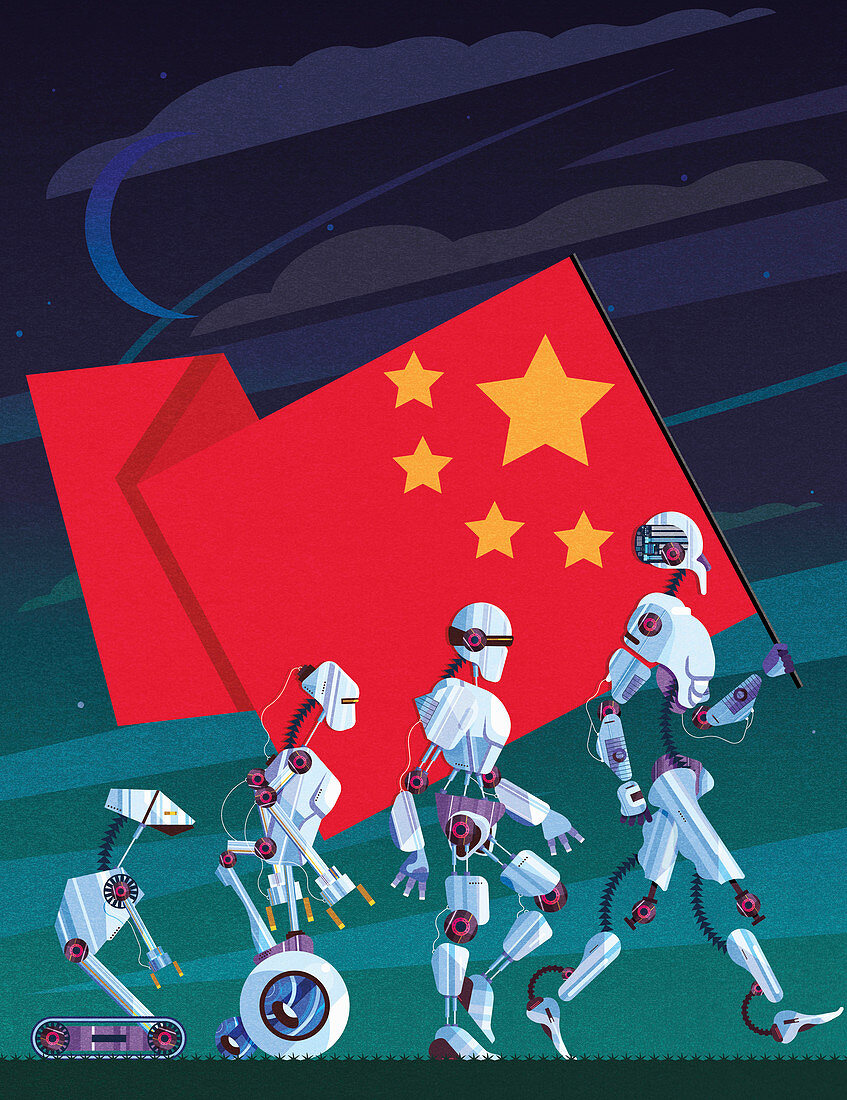 Evolution of robots carrying Chinese flag,illustration