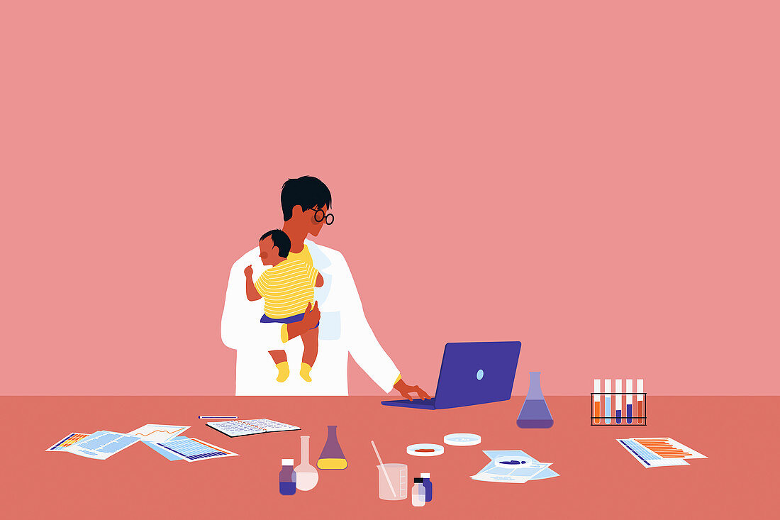 Scientist working in laboratory holding baby,illustration