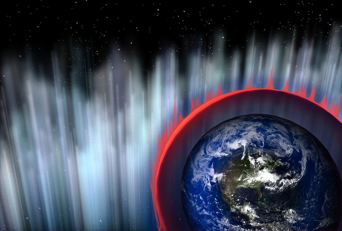 Gamma-ray burst hitting Earth's atmosphere,illustration