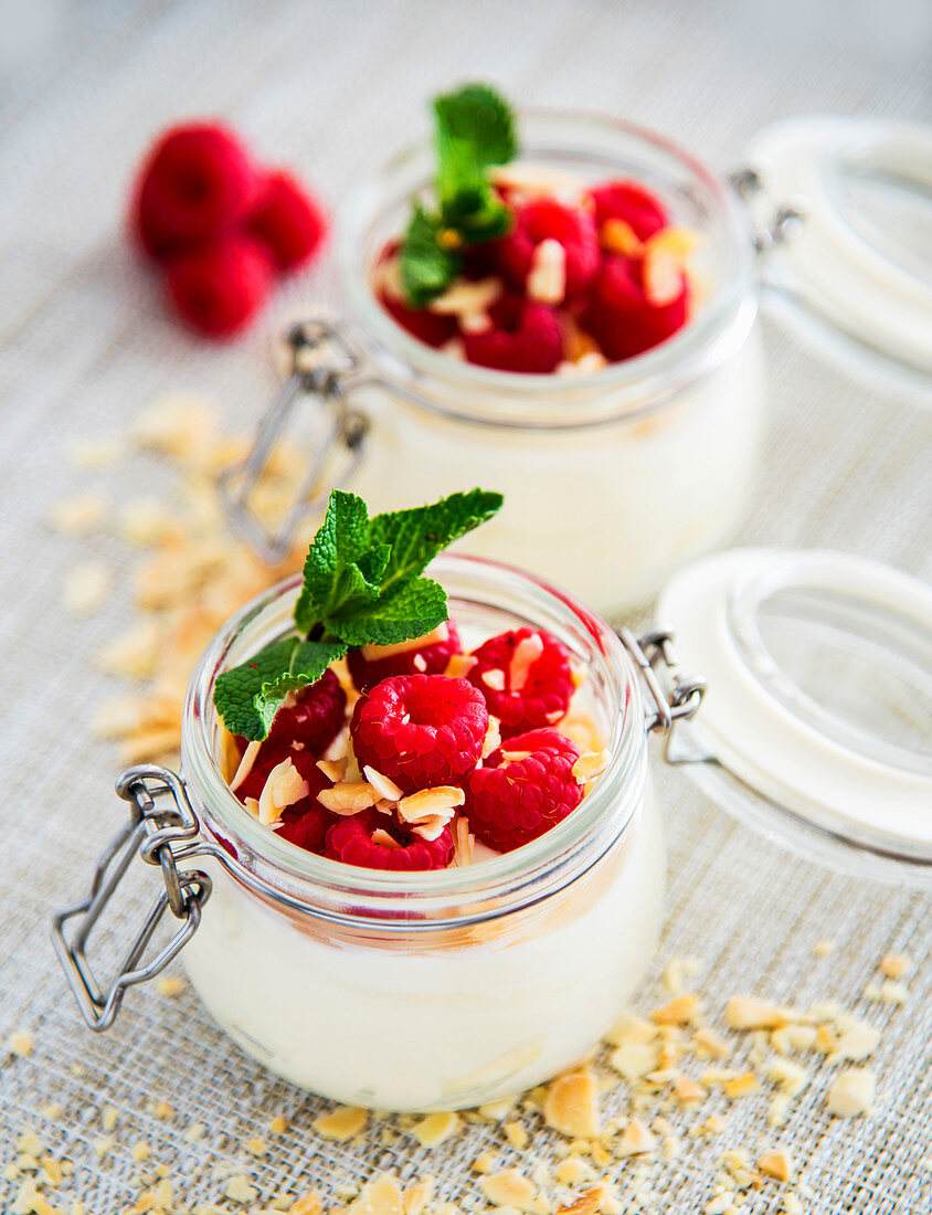 Joghurt mit frischen Himbeeren und Minze im Glas
