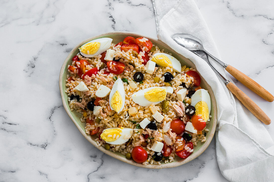 Rice salad with tuna and boiled eggs