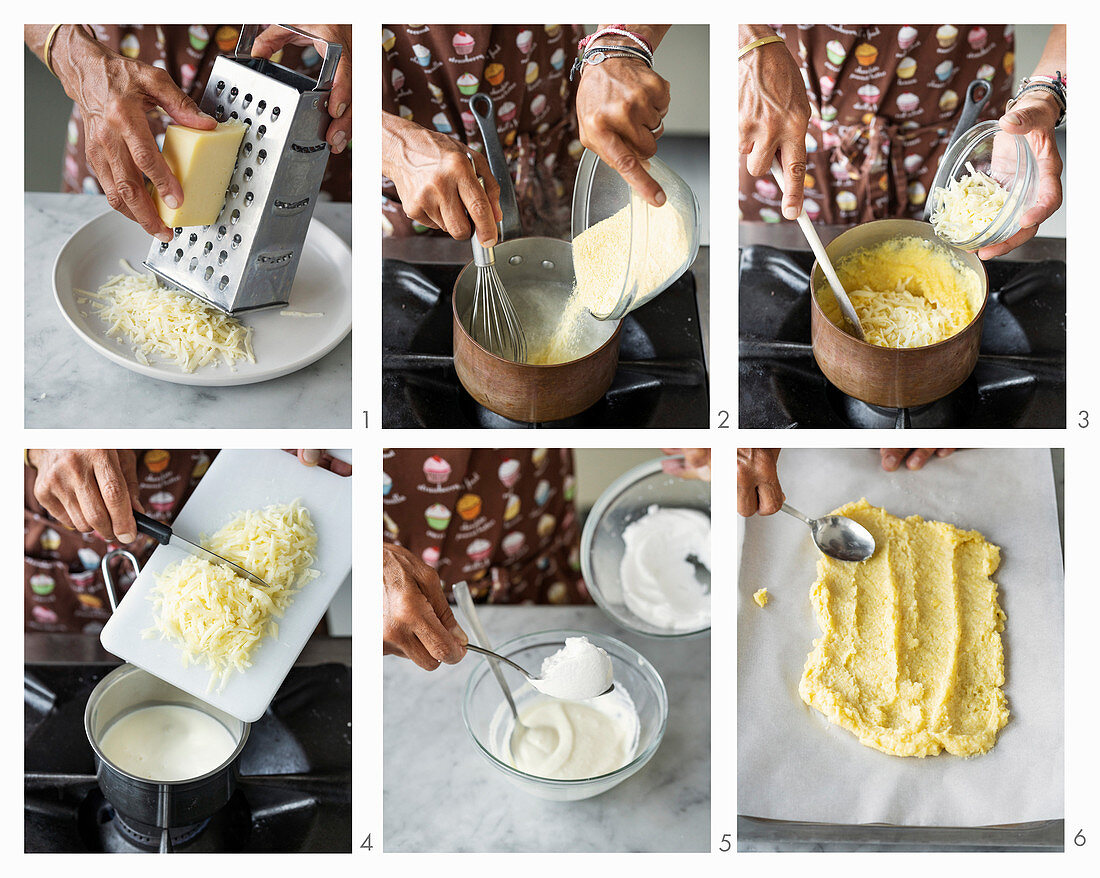 Polenta-Käse-Schnitten mit Branzi-Käse-Nocken zubereiten