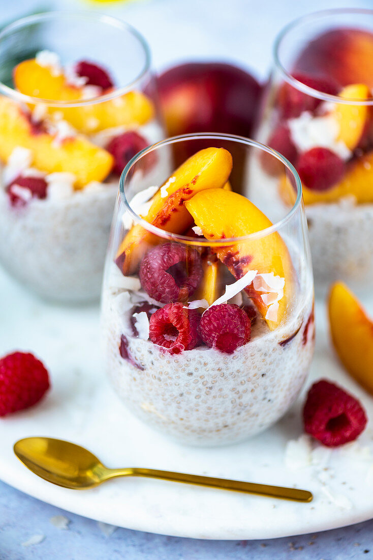 Coconut milk chia pudding with nectarines and raspberries