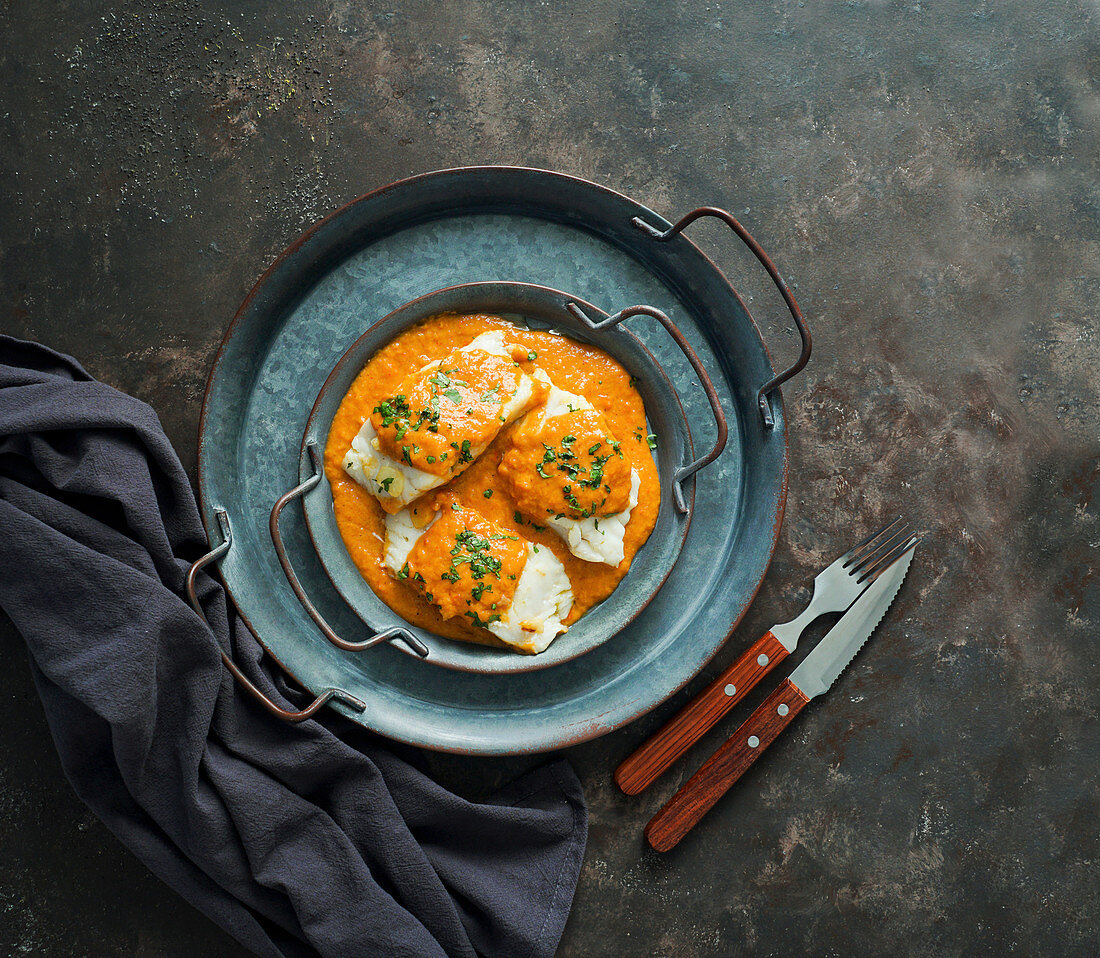 Bacalao à la Vizcaína (Kabeljau mit Tomaten-Paprika-Sauce, Baskenland)