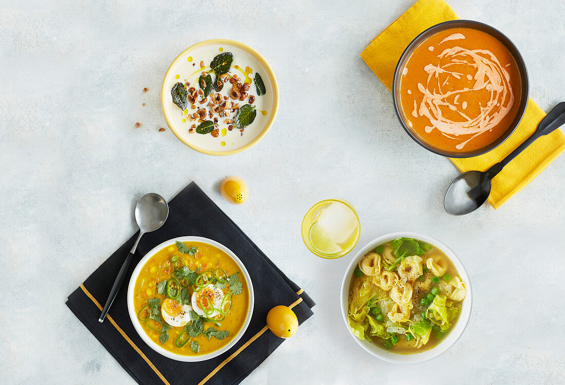 Cauliflower soup, sweetcorn soup, squash soup and green minestrone with tortellini