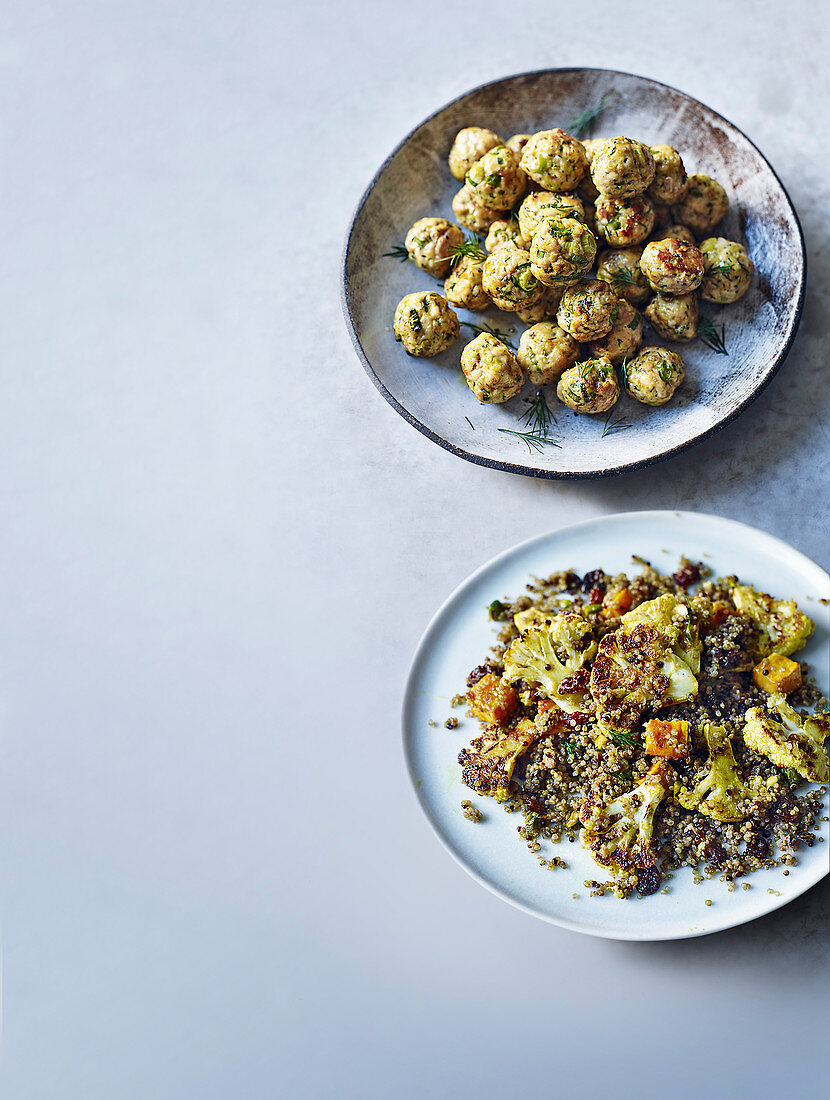 Chicken meatballs with quinoa and curried cauliflower