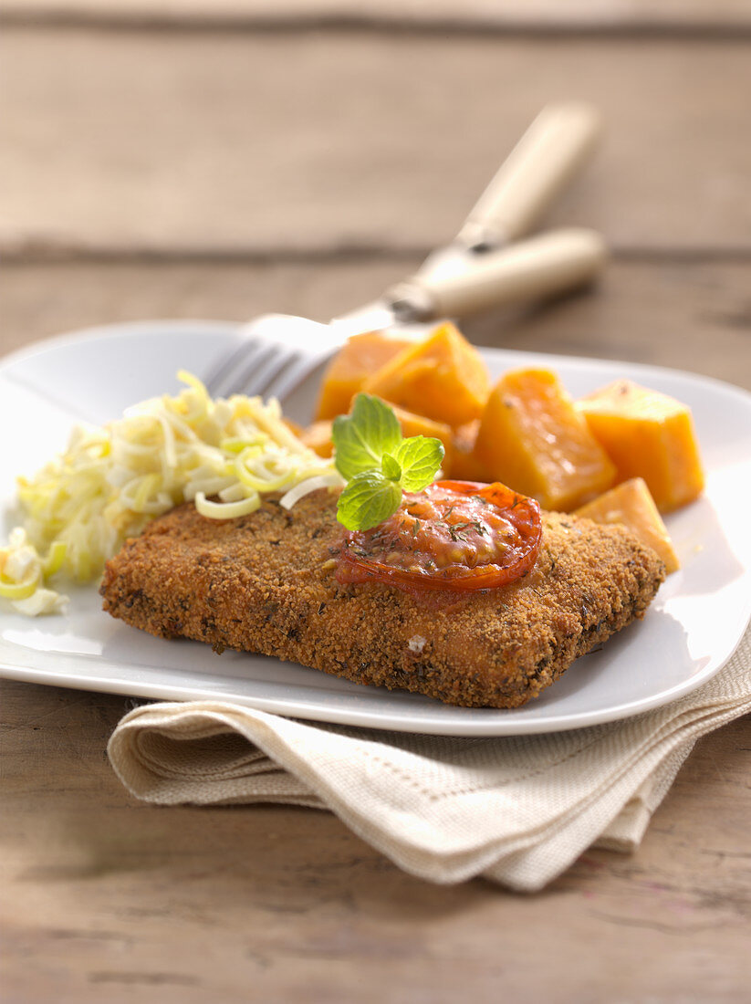 Gebackener Fetakäse mit Lauch und Süßkartoffeln