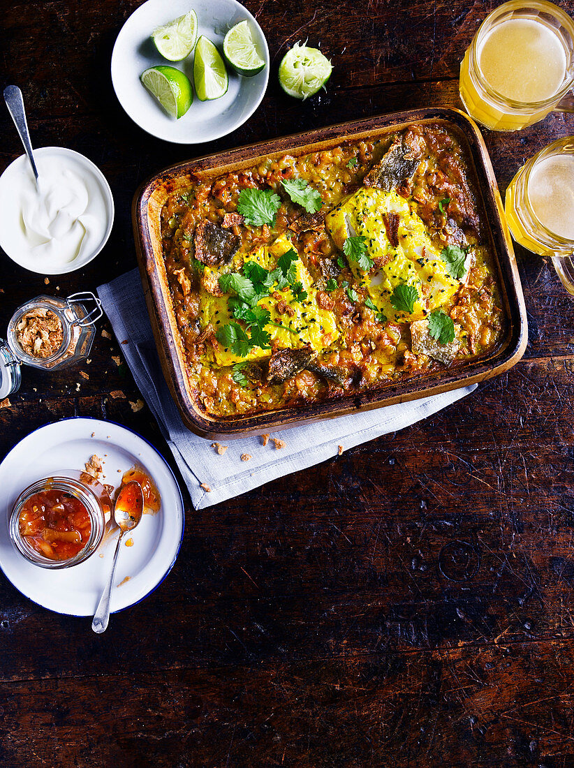 One-Pan lentil dhal with curried fish and crisp skin