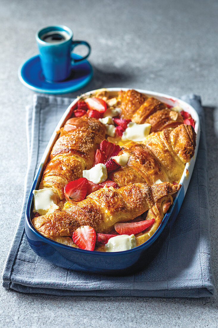 Strawberry and white chocolate croissant pudding
