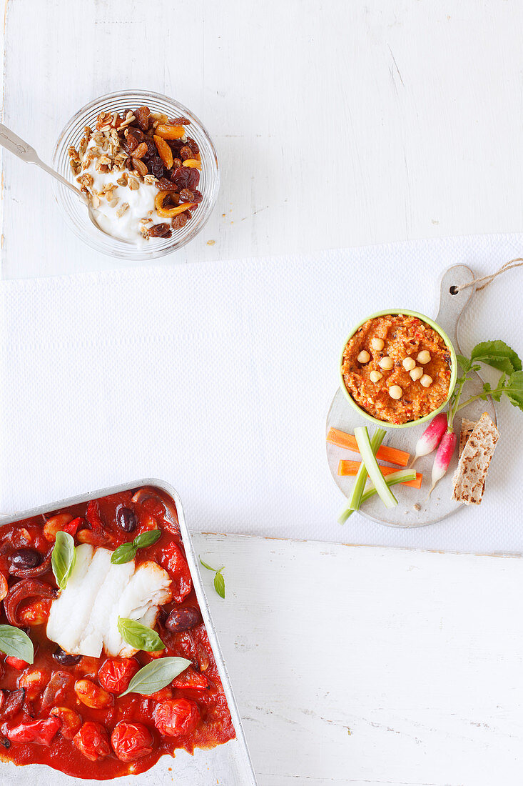 Dried fruit compote, Chargrilled veg houmous with dippers, Cod and tomato tray bake