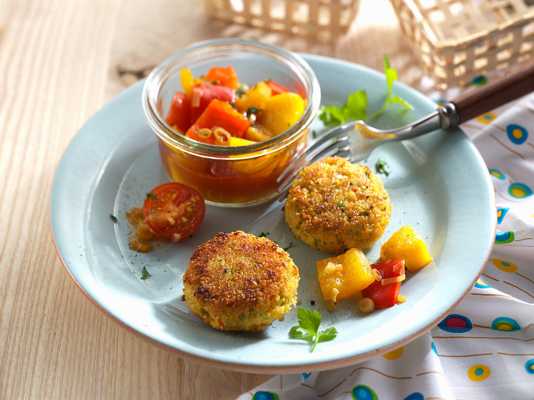 Couscous fritters with a pepper salad