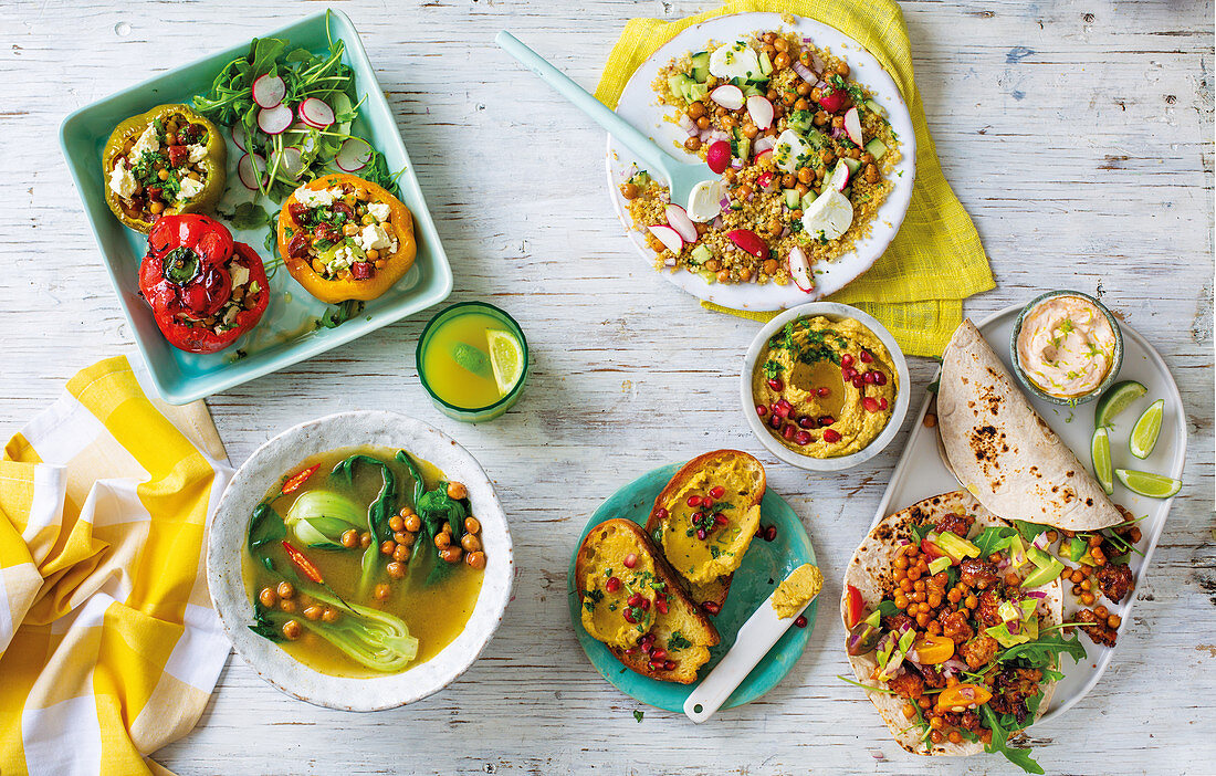 Five ways with a can of chickpeas - stuffed pepper, soup, salad, spread and tortillas