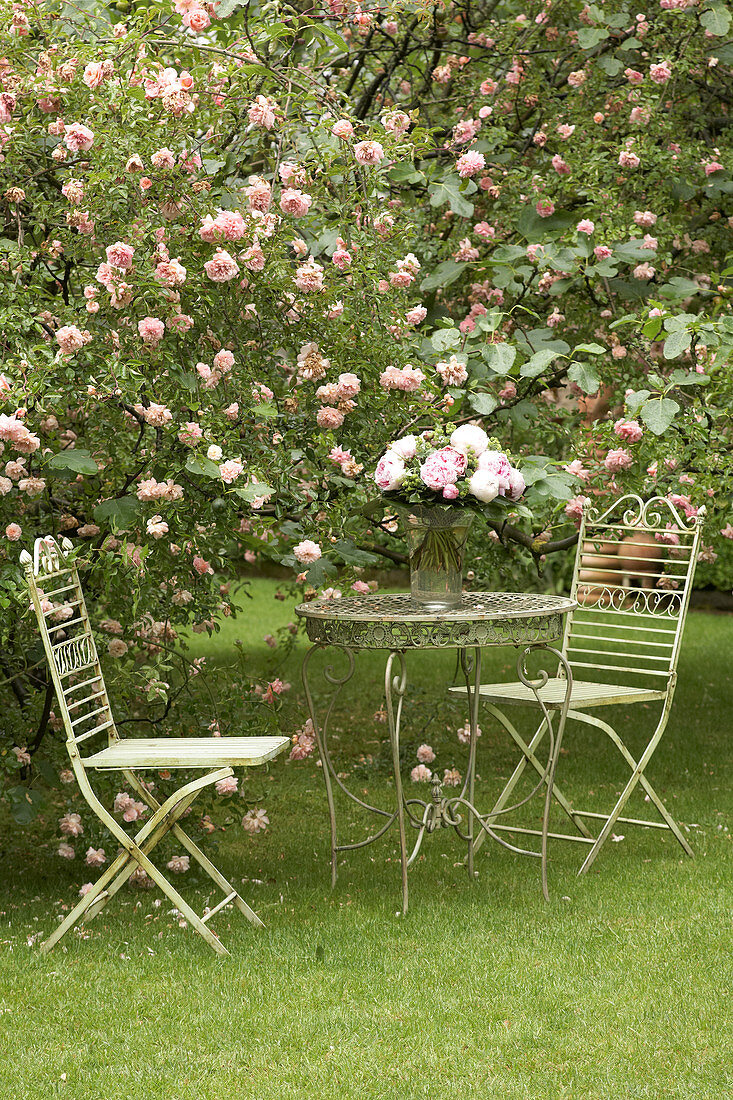 Nostalgischer Sitzplatz im Garten neben Strauchrose, Pfingstrosenstrauß auf dem Tisch