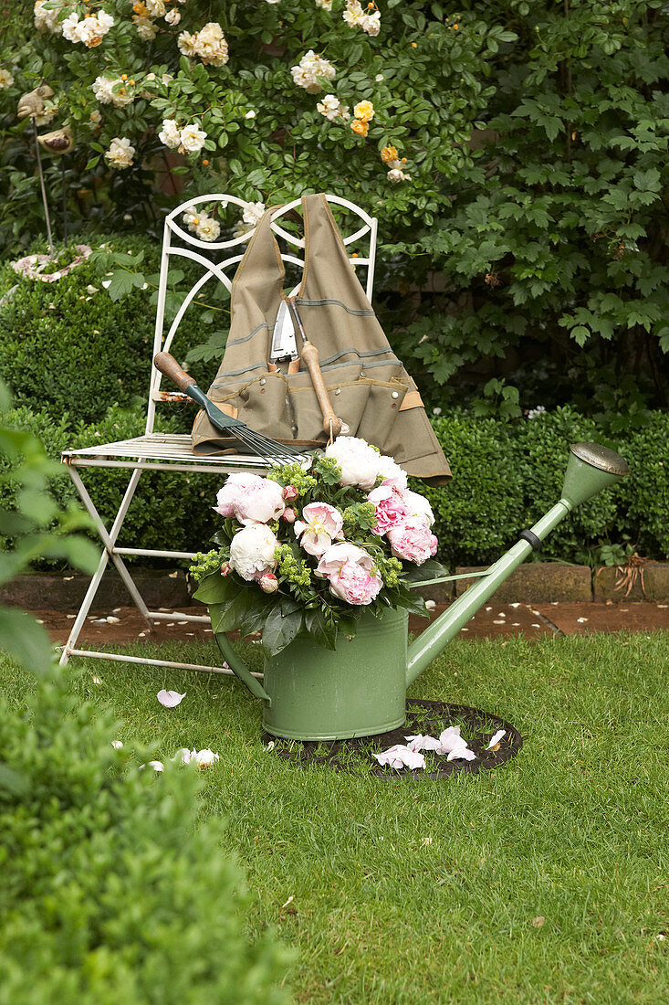 Gießkanne mit Pfingstrosenstrauß neben Stuhl am Beet mit Buchs und Kletterrose