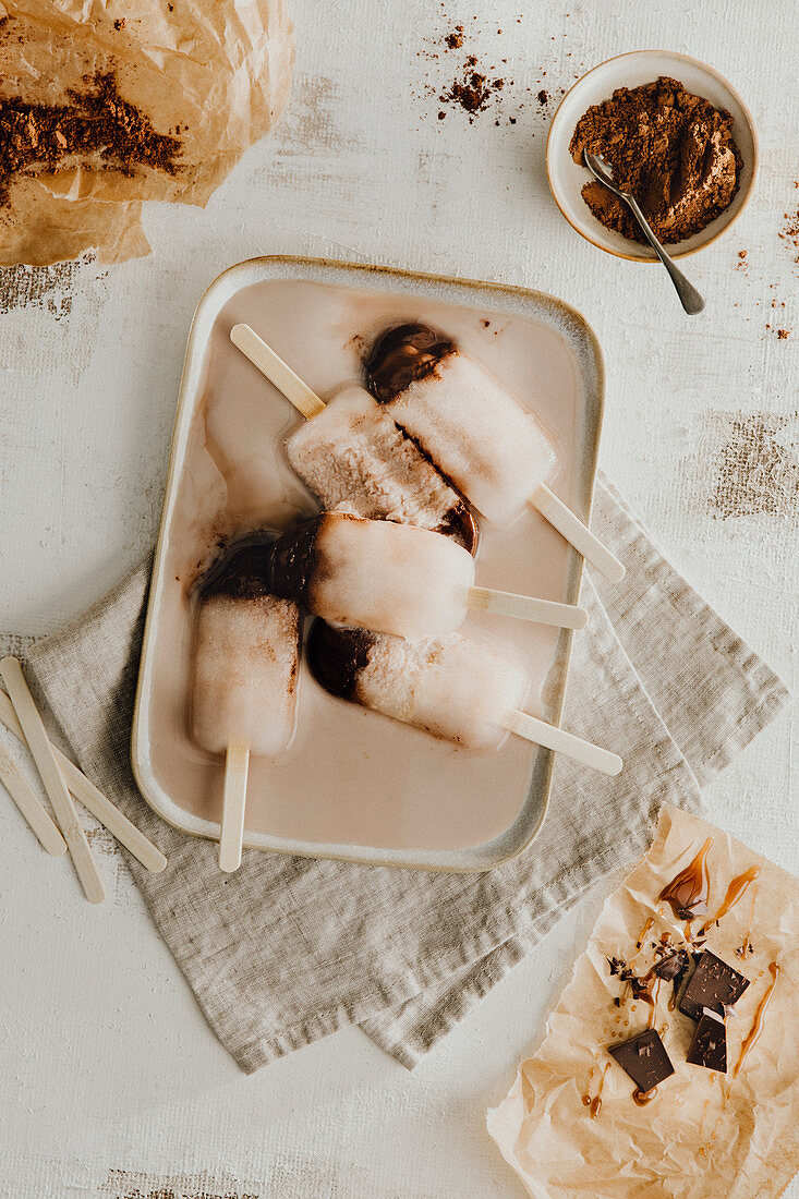 Homemade chocolate and caramel ice cream sticks