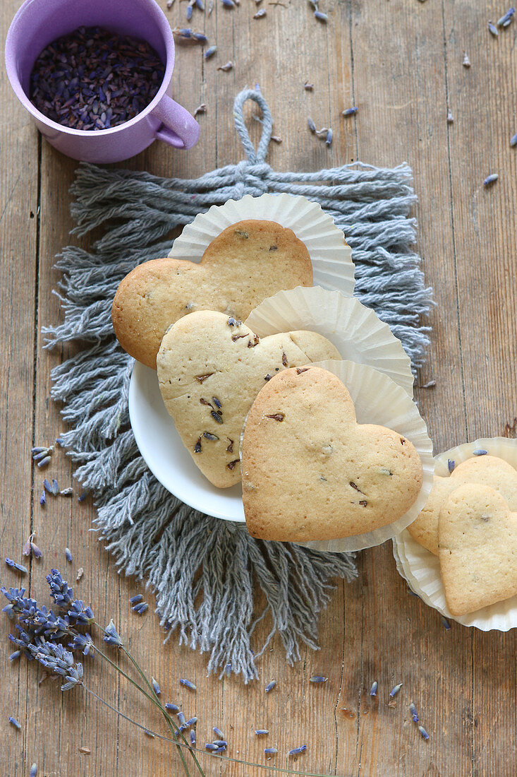 Heart-shaped, gluten-free lavender shortbread biscuits
