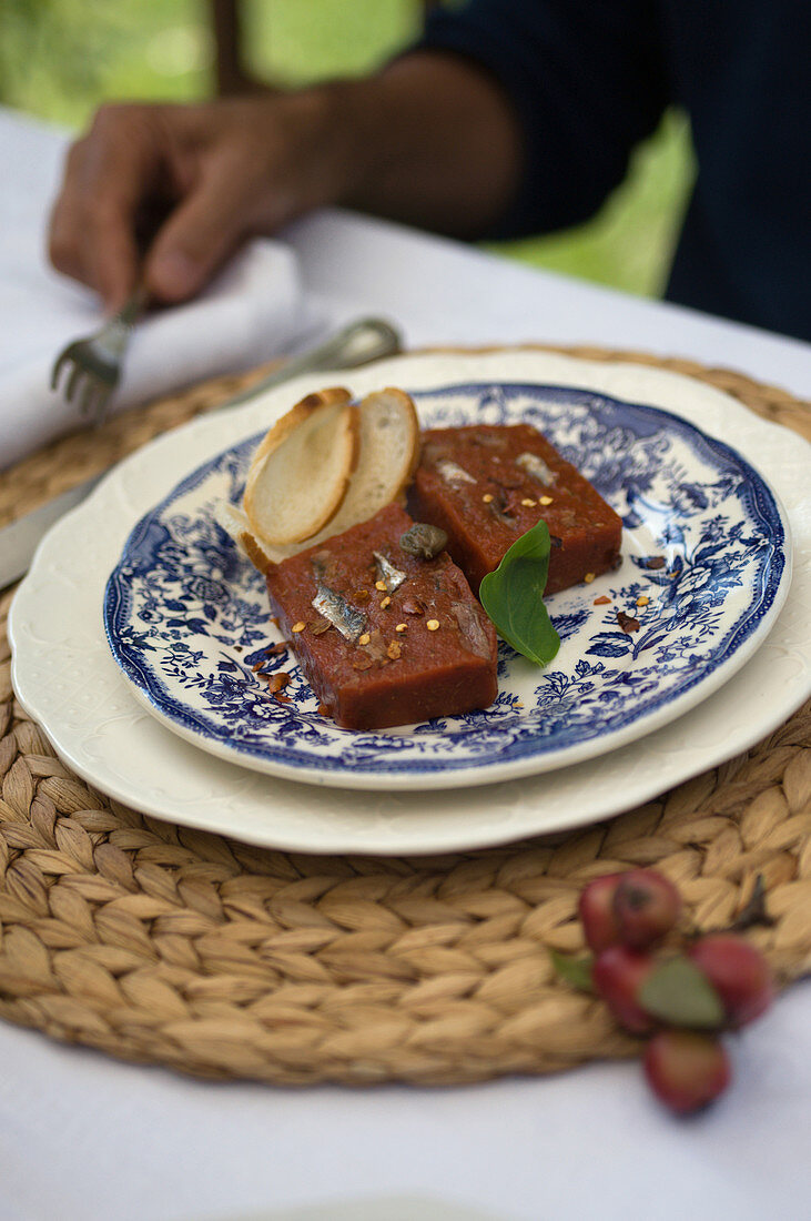 Rote Sardellen-Terrine mit Brotchips