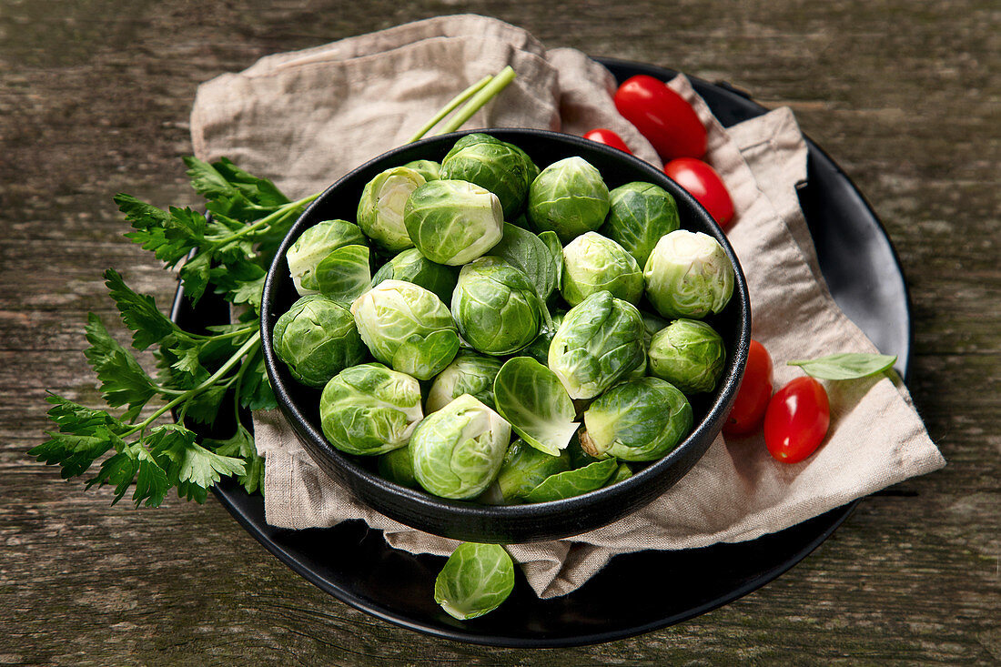 Brussels sprouts on wooden table