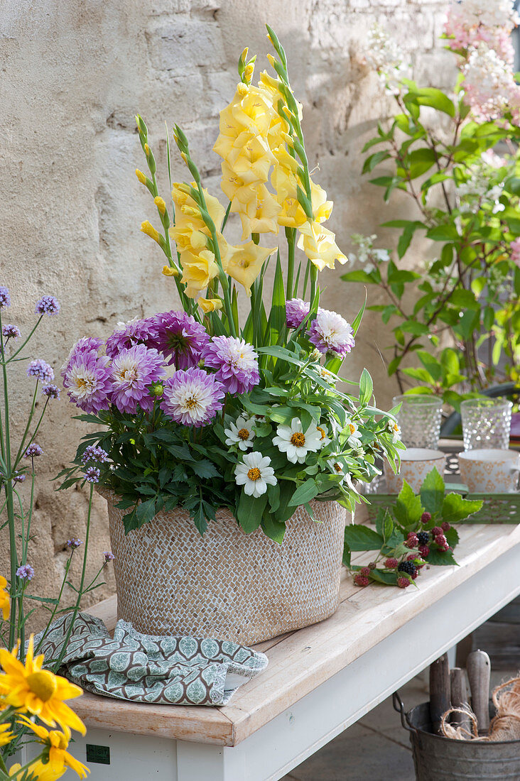 Gladiolus, dahlia and zinnia in the basket