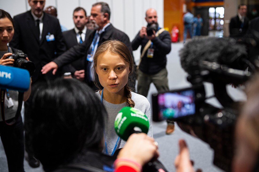 Greta Thunberg with media at COP25, Madrid, Spain, 2019