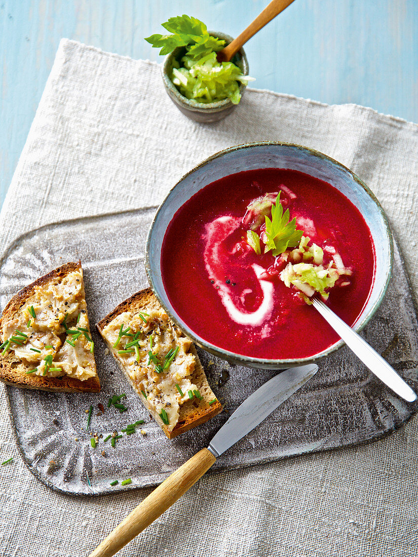 Beetroot soup with apple and celery julienne