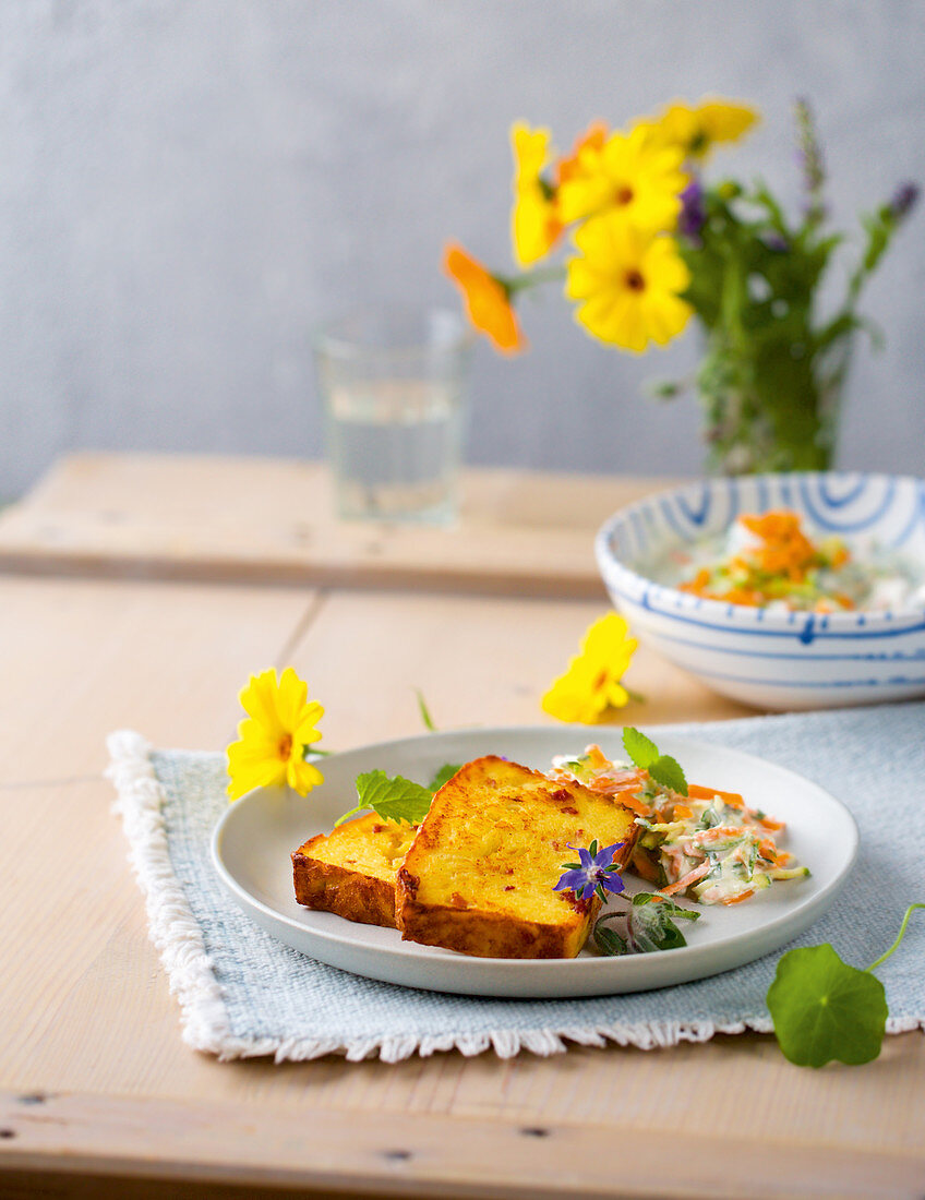 German potato cake with ham and herb quark