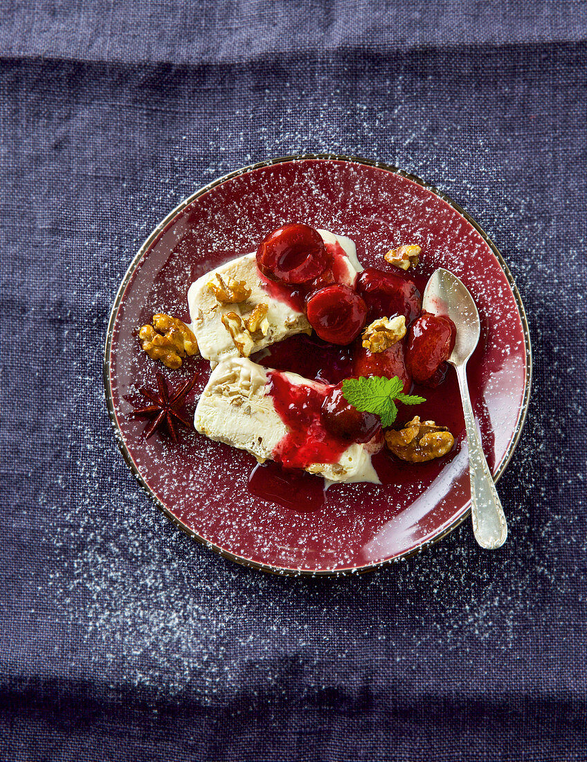 Walnut parfait with cranberry and plum compote