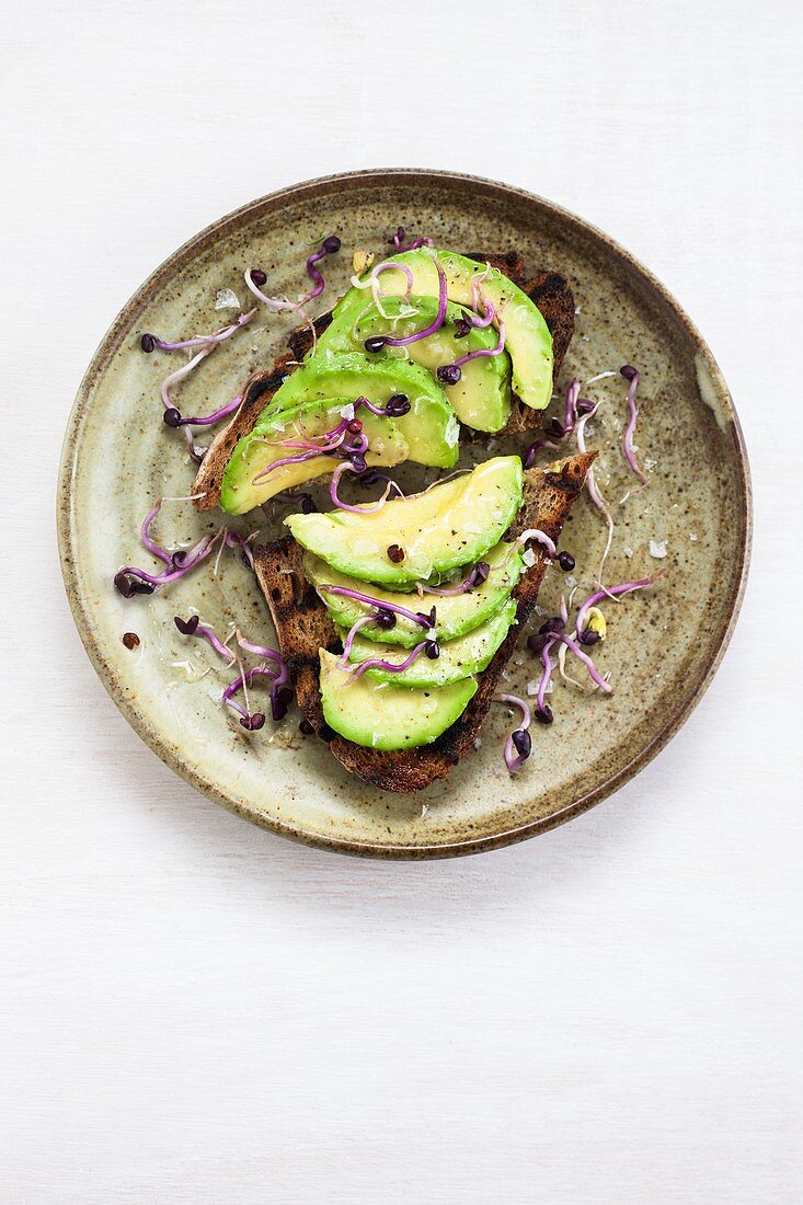 Fresh cut avocado on toasted bread with sprouts