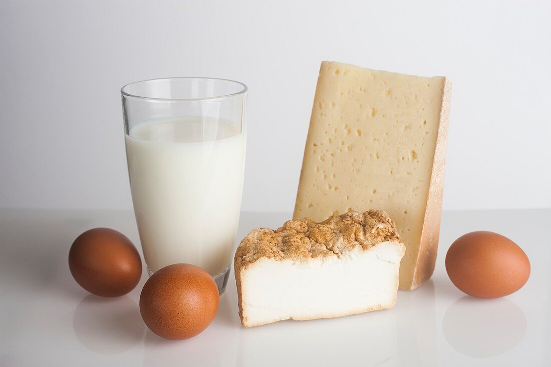 Dairy products - glass of milk,eggs and cheeses