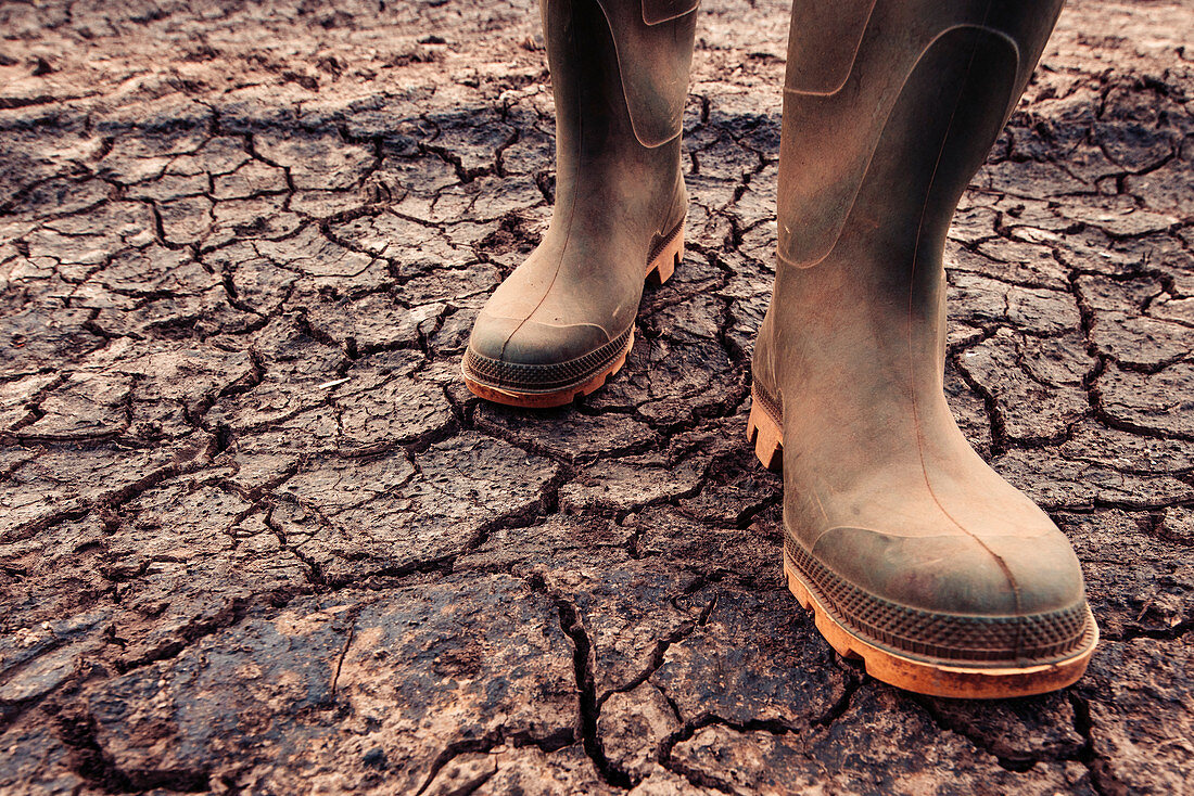 Farmer in rubber boots standing on dry soil