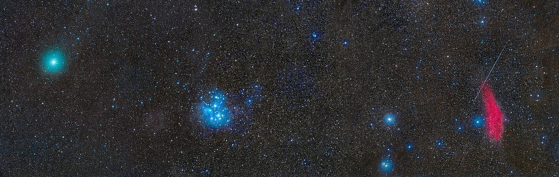 Comet 46P Wirtanen with Pleiades and California Nebula