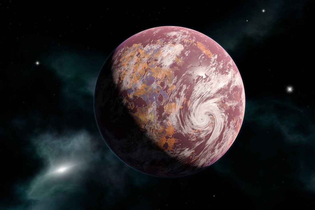 Earth-like planet and nebula, illustration
