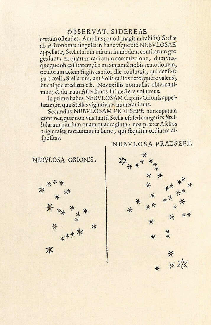 Galileo's observations of Orion and Praesepe, 1610