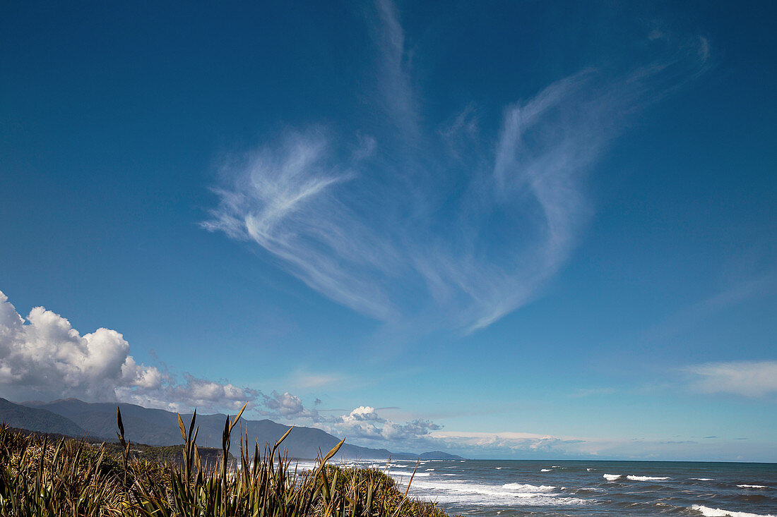 Cirrus spissatus clouds over a coastline in New Zealand