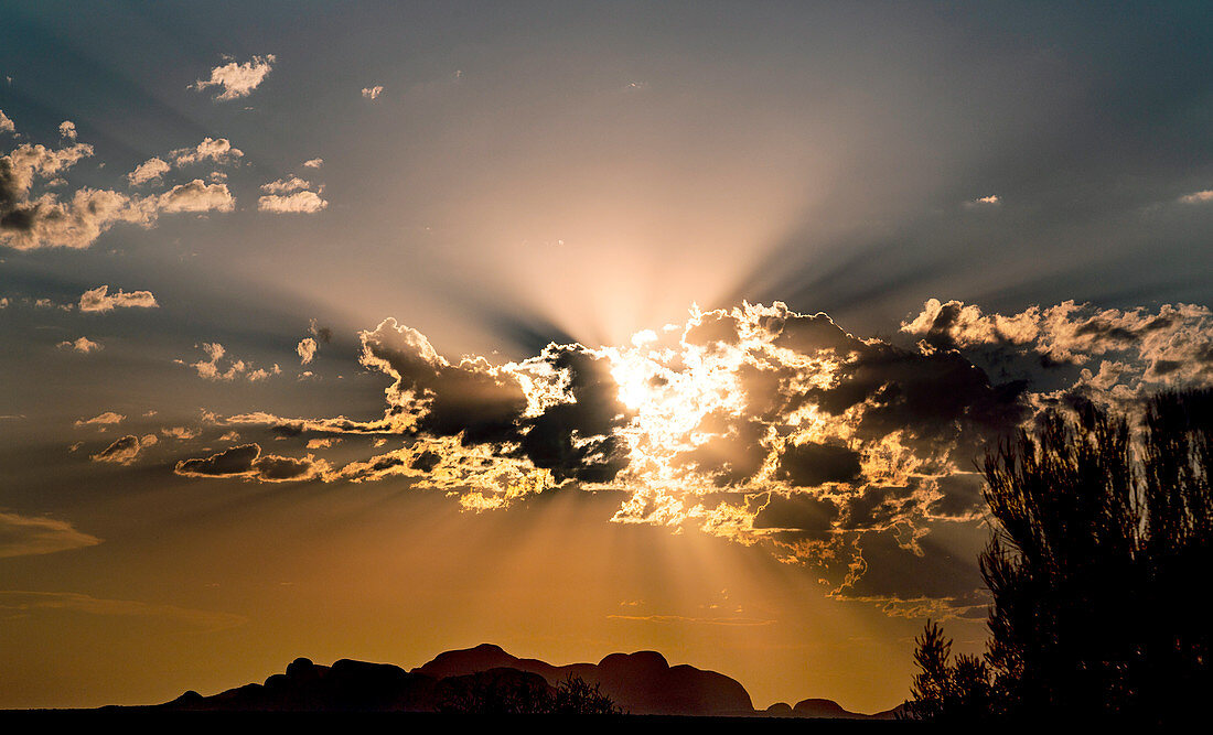 Sun and crepuscular rays shining through clouds