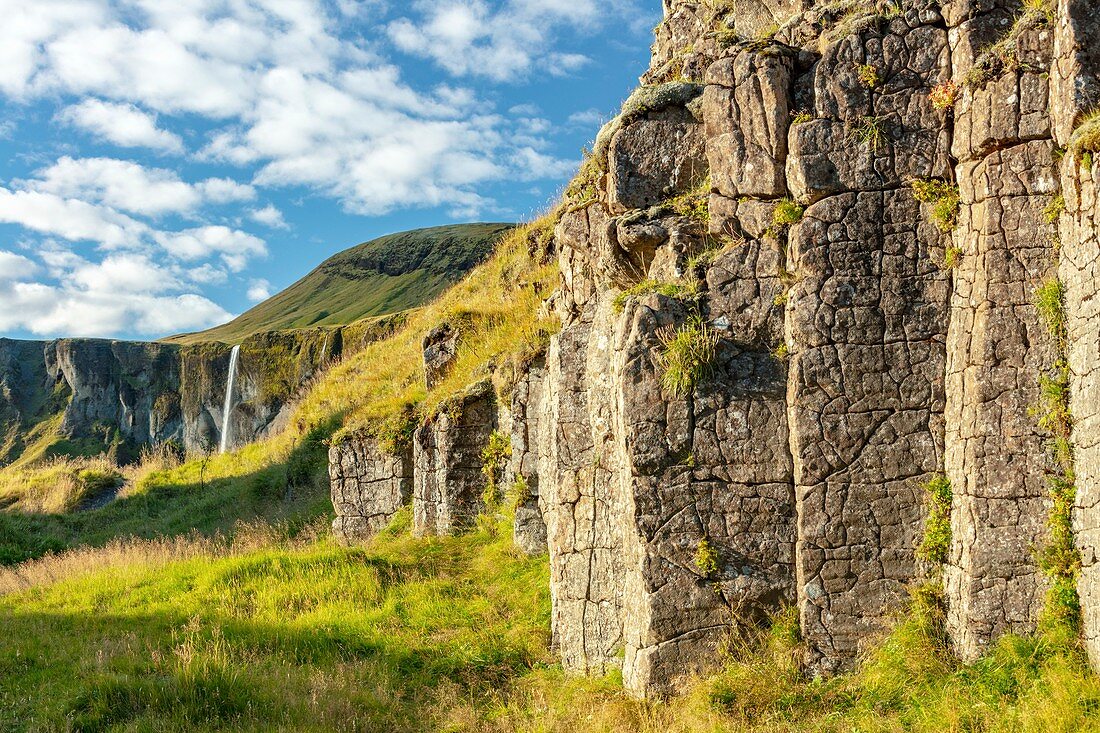 Columnar basalt and Foss a Sidu waterfall, Iceland