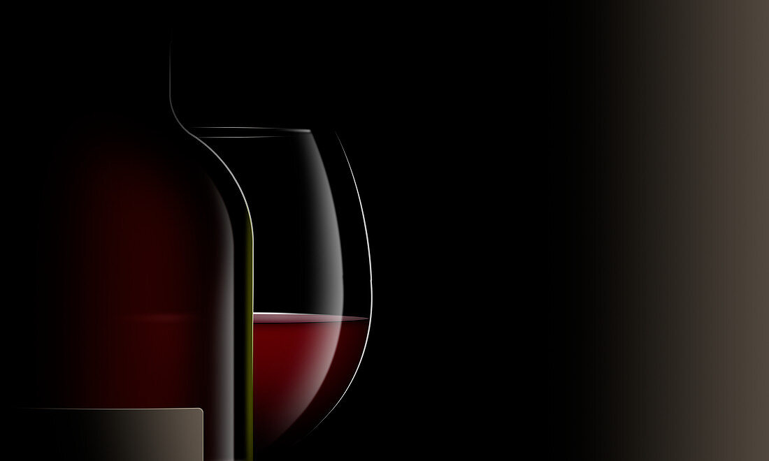 Bottle and glass of red wine, illustration