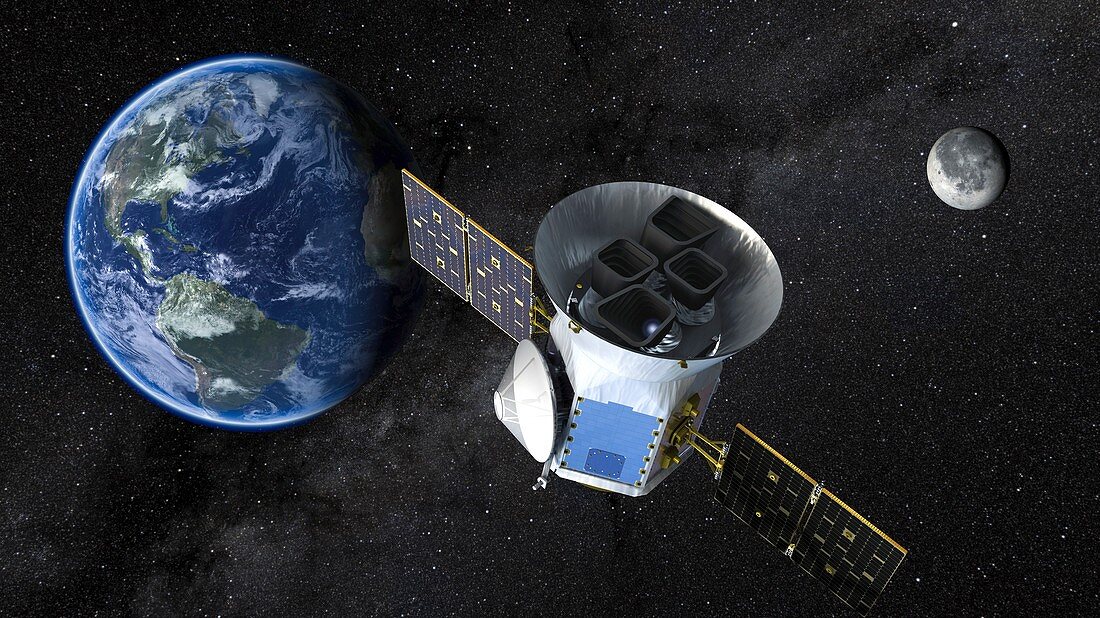 Transiting Exoplanet Survey Satellite in space, illustration