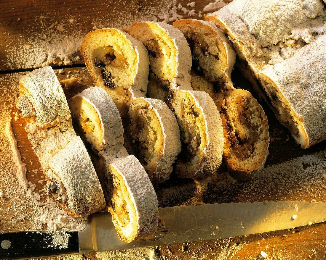 Pear and nut stollen, pieces cut