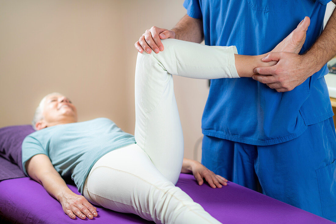 Physical therapist examining patient's leg