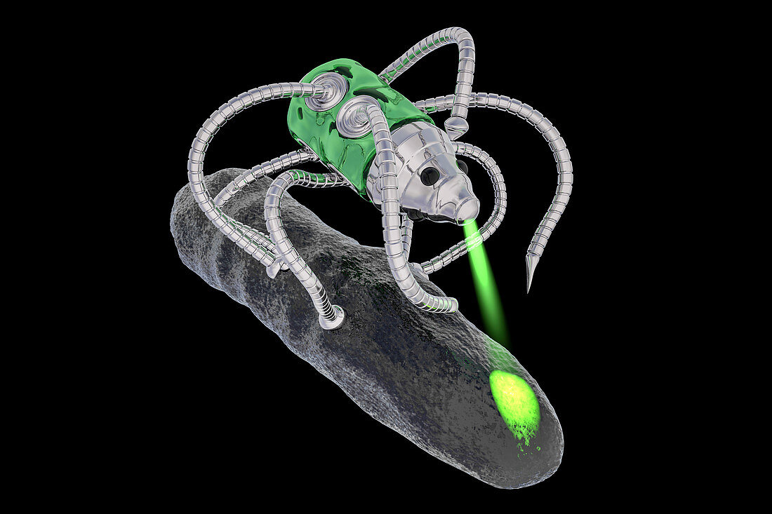Medical nanorobot fighting with bacterium, illustration