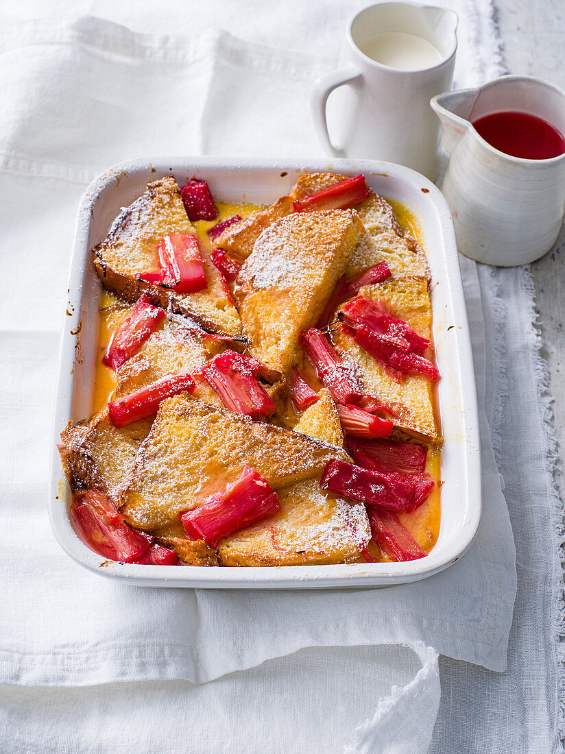 Rhubarb bread and butter pudding