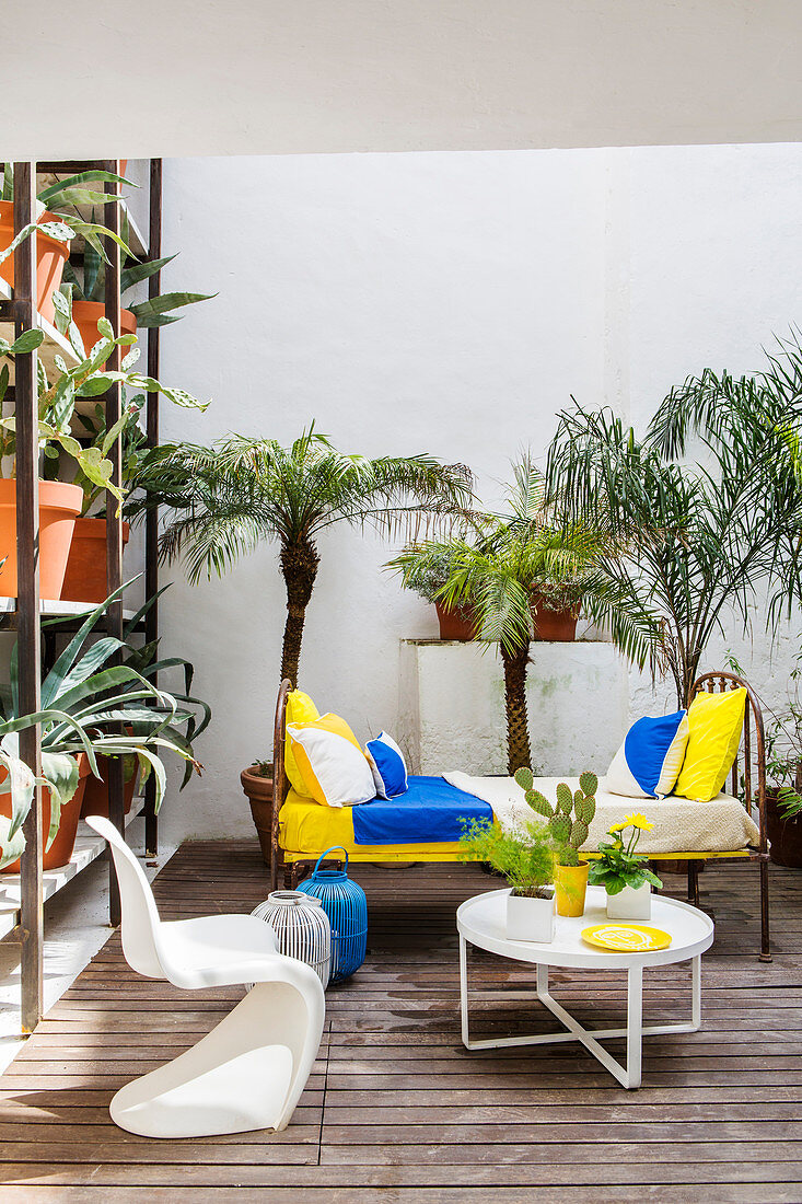 Metal bed used as sofa on summery terrace decorated with palms and cacti