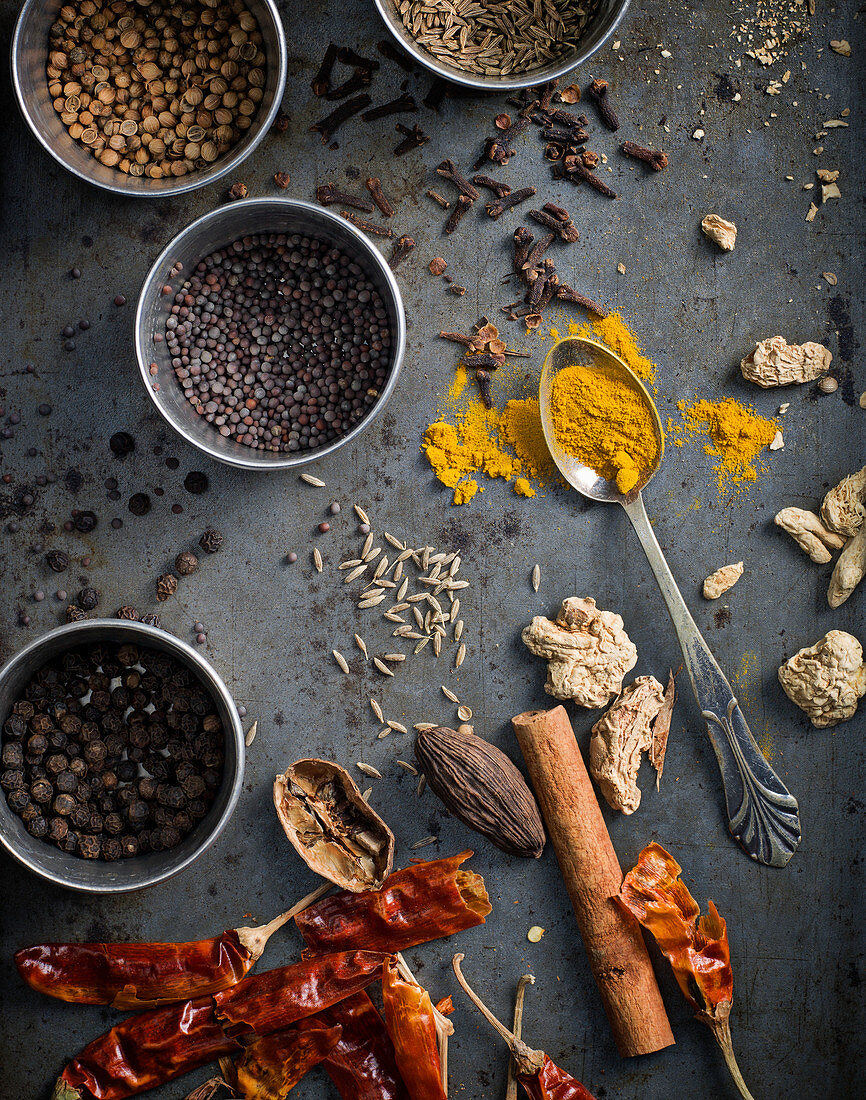 Spices on grey background