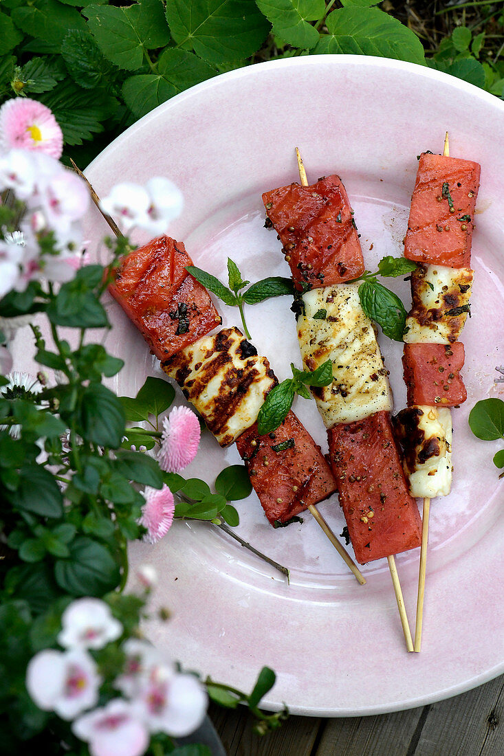 Grill Halloumi skewer with watermelon, chili and mint