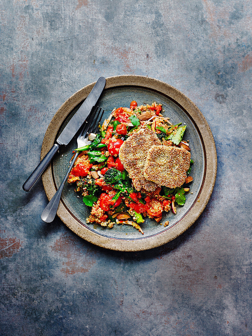 Quiona-coated halloumi with sprouting broccoli